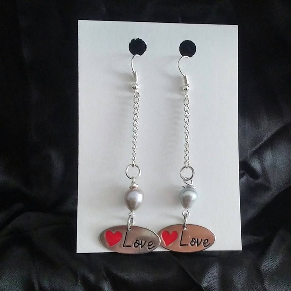 Fresh Water Pearls & LOVE Charm Drop Earrings - Picture 1 of 1